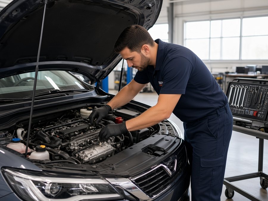 Mechanic servicing a vehicle in a professional workshop